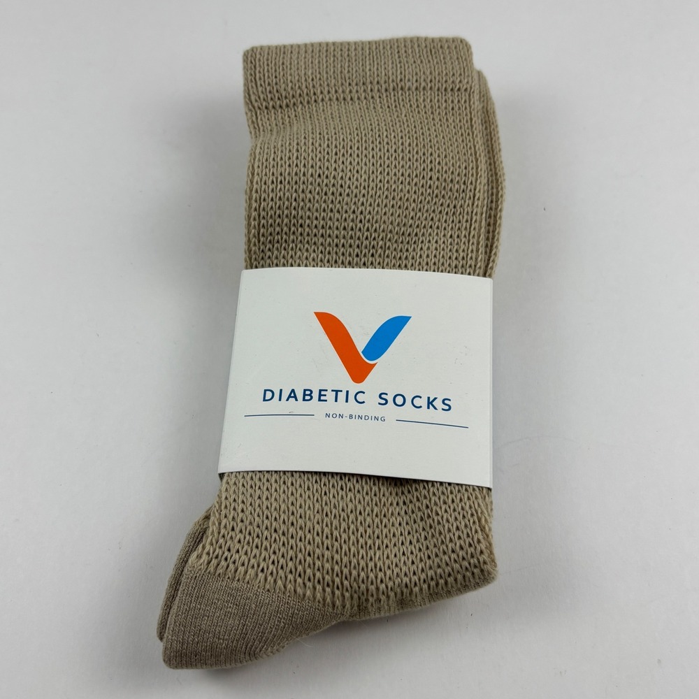 Viasox Diabetic Socks Unisex Large Tan New Non-Binding Crew Thin Bamboo Blend